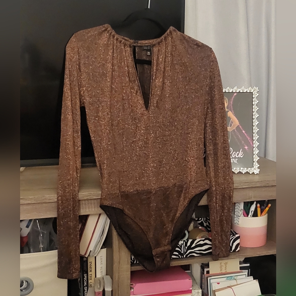 Brown And Gold Shimmer Long Sleeve Bodysuit